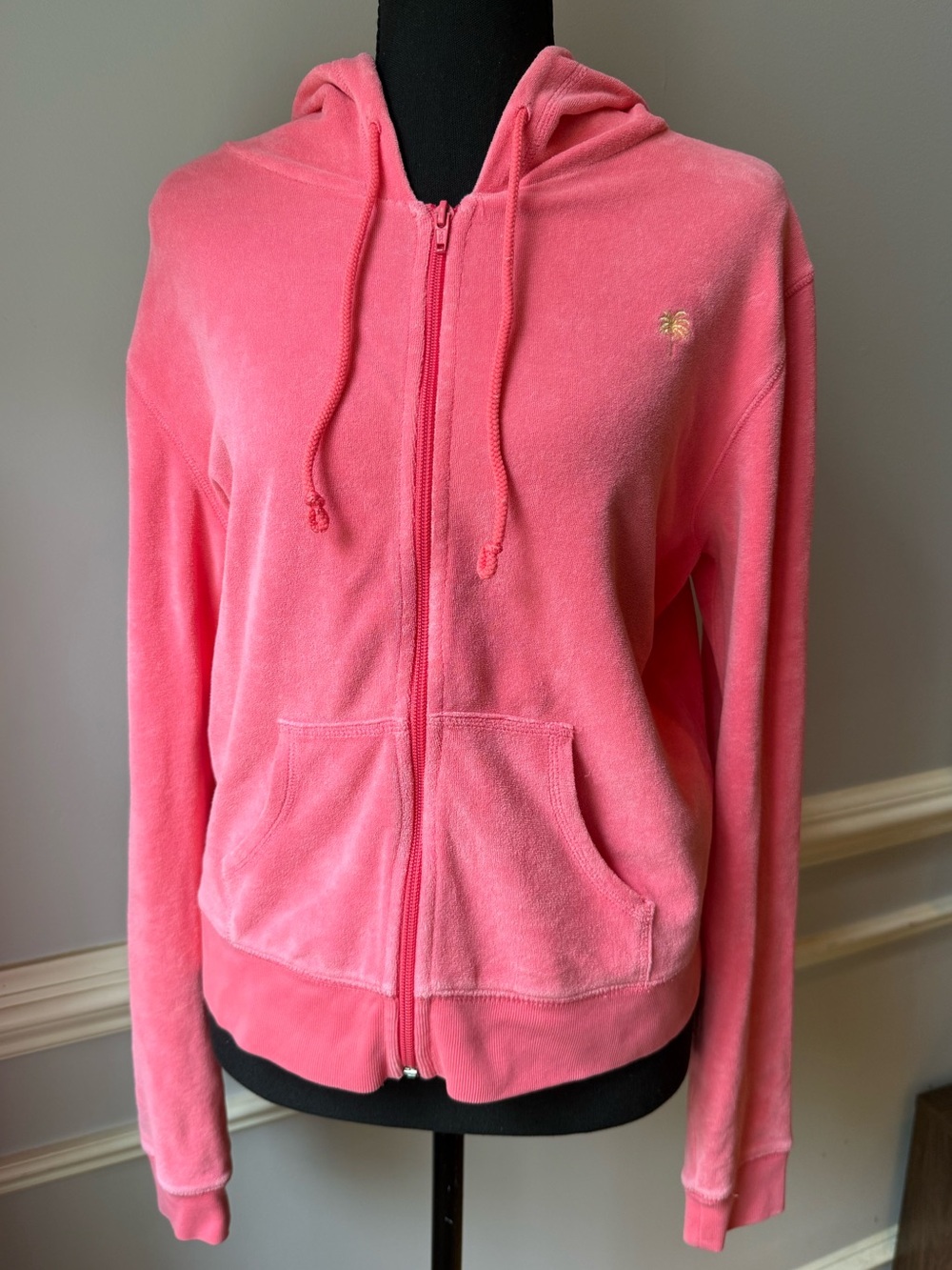 Vintage Lilly Pulitzer Pink Terry Cloth Zip Hoodie Palm Tree Logo Size M